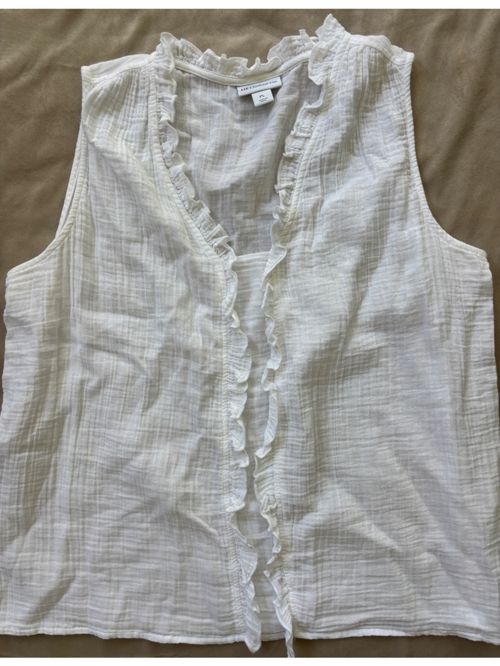 Liz Claiborne White Ruffled Sleeveless Top 100% Cotton